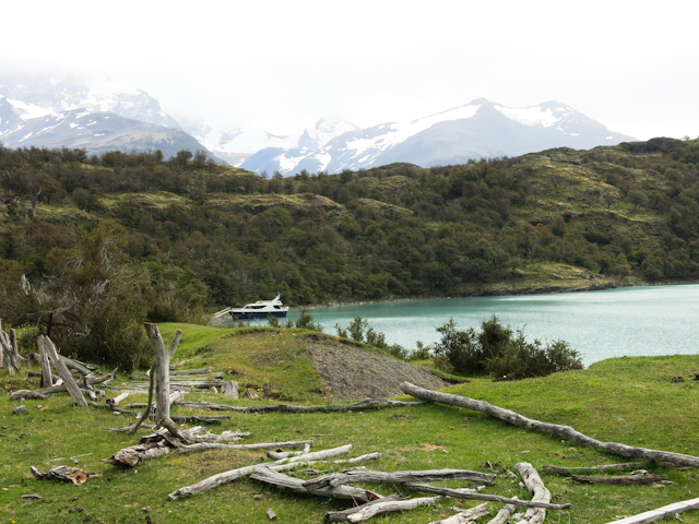 Balade sur l'île, bateau au loin - Cruceros MarPatag - El Calafate, Argentine