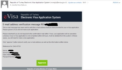 Confirmation courriel - e-visa - Turquie