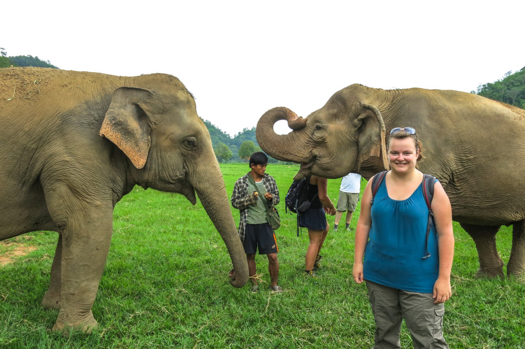 Jennifer entre deux éléphants