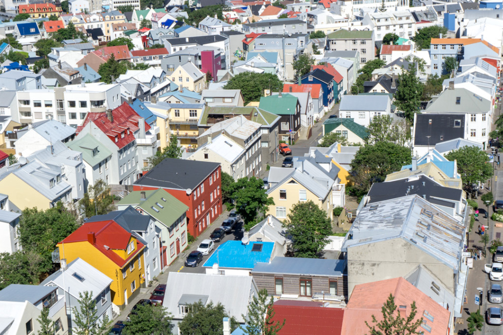 The colorful view of the Hallgrimskirkja in Reykjavík