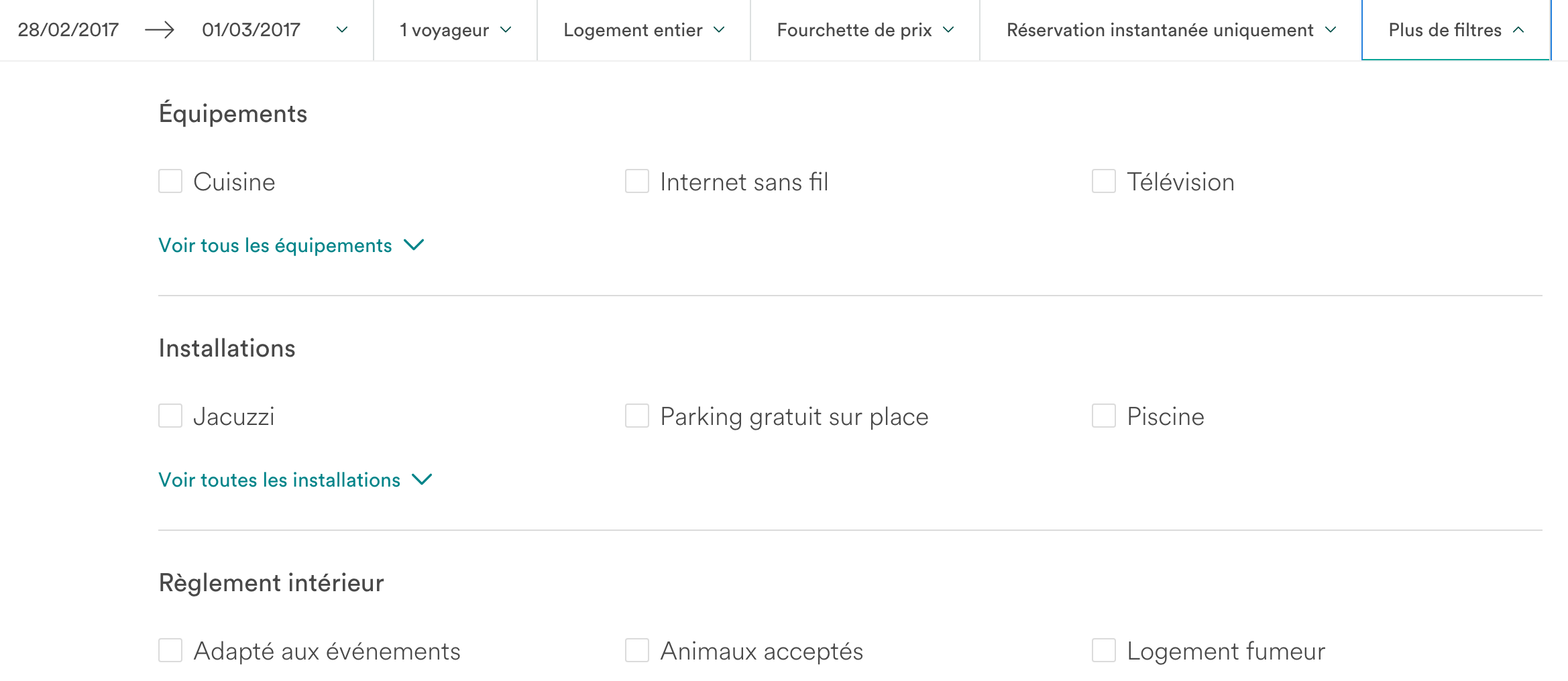 Equipements et filtres AirBNB