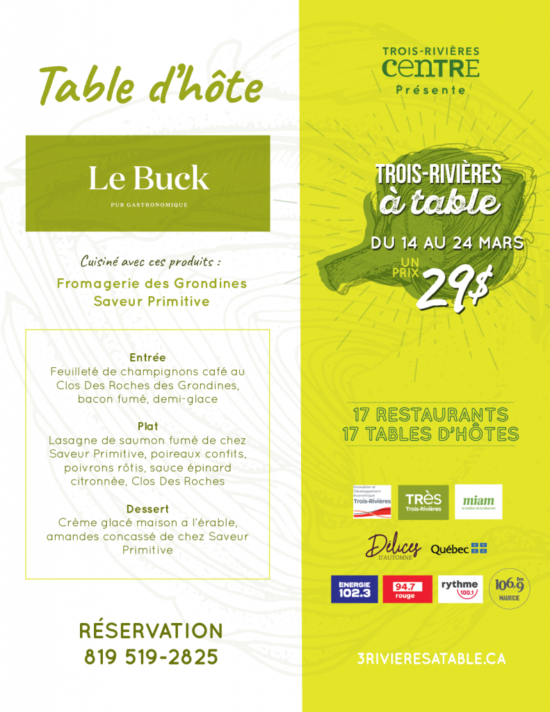 Menu Trois-Rivières à table - Le Buck pub gastronomique