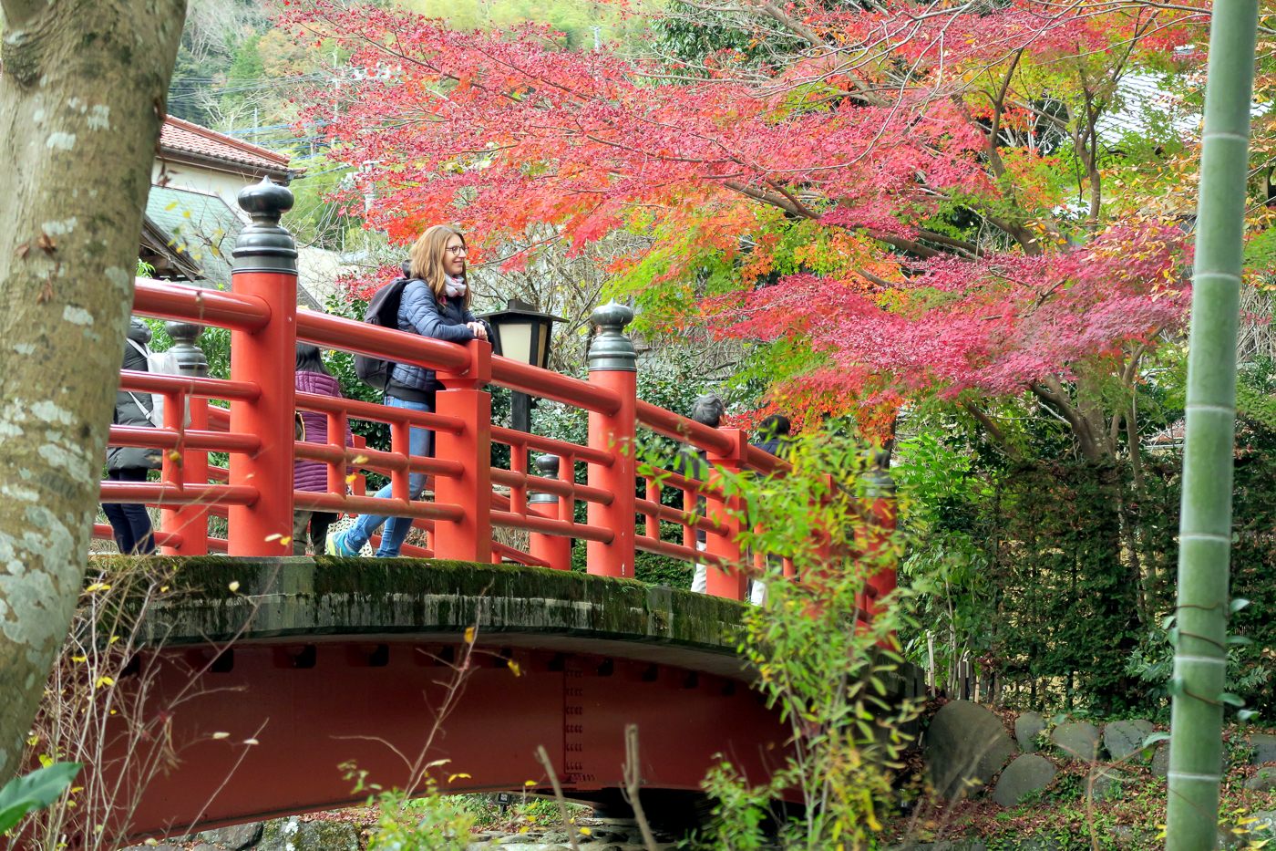 Voyage pour les momiji au Japon en automne - Fille sur pont rouge