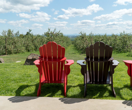 Chaises sur la terrasse panoramique de Coteau Rougemont où déguster du cidre québécois