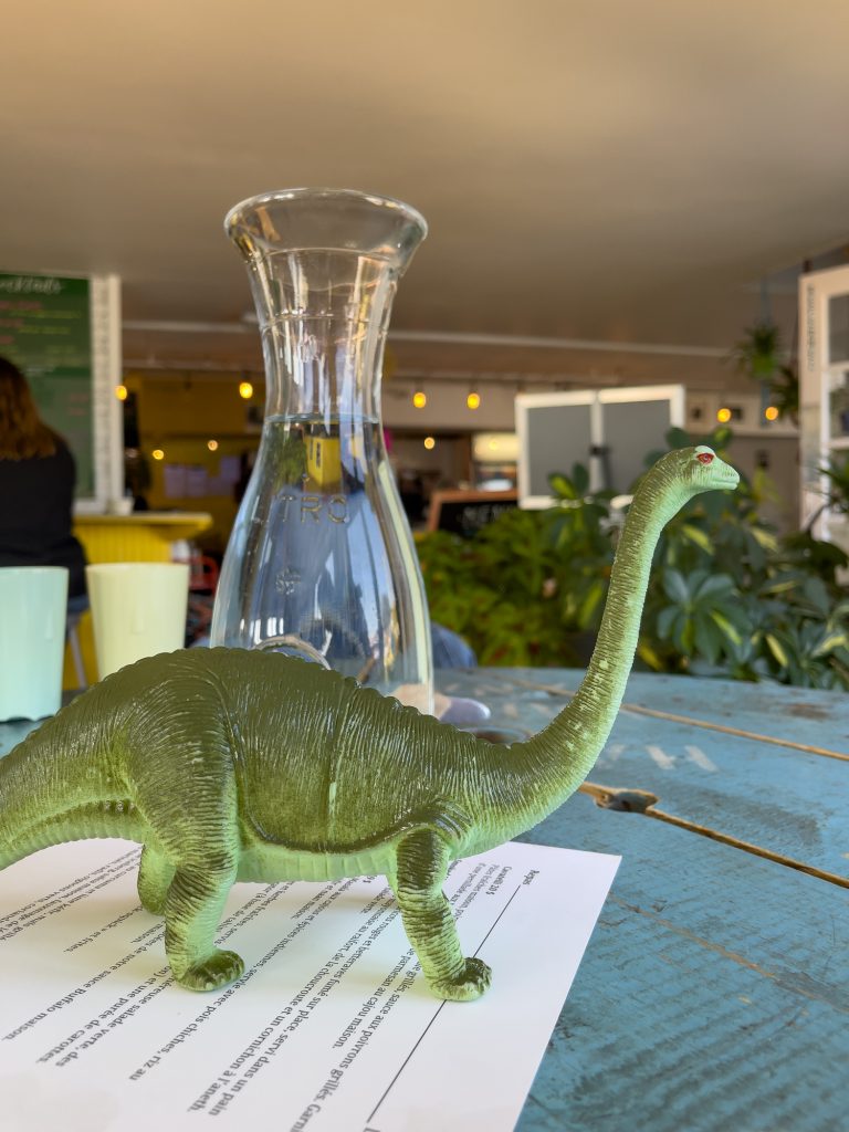Dinosaure sur la table avec menu du Café Frida