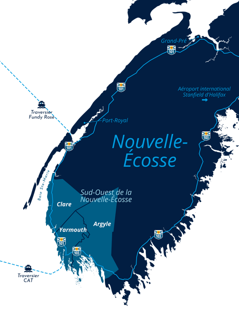 Carte de la région d'Acadie du Sud-Ouest de Nouvelle-Écosse